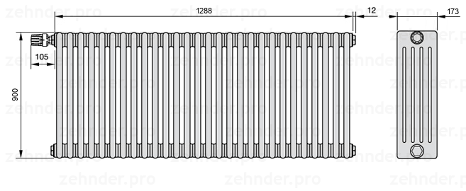 Схема (чертеж) Радиатор Zehnder Charleston 5090/28 №V011 Белый глянцевый RAL 9016